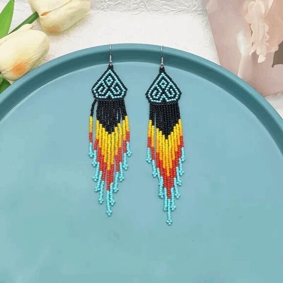 Tribal Boho Style Beaded Tassel Dangle Earrings - Picture 2 of 5